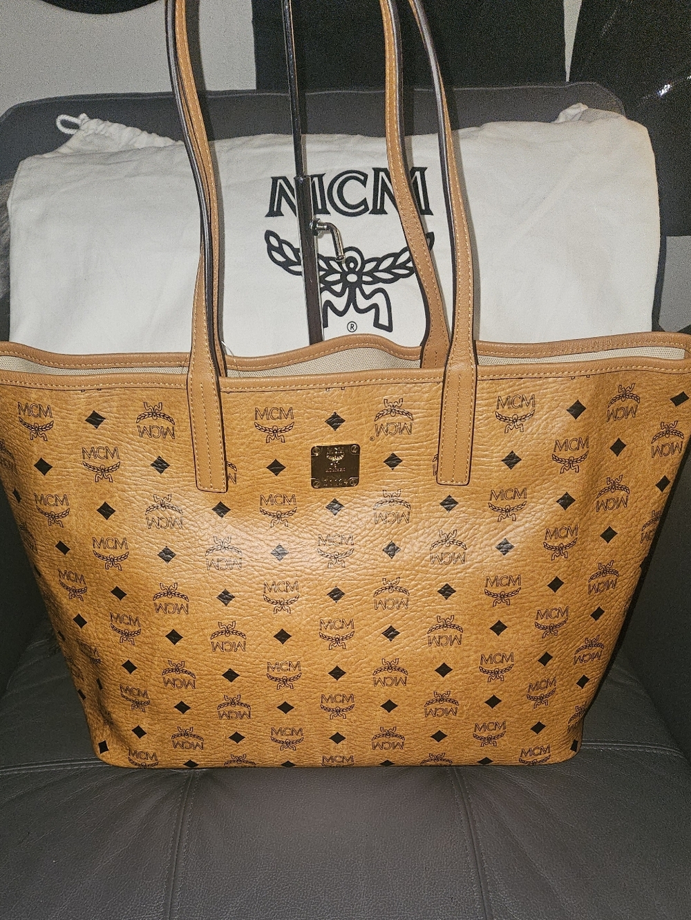 MCM Cognac Visetos Logo Tote W/ Pouch